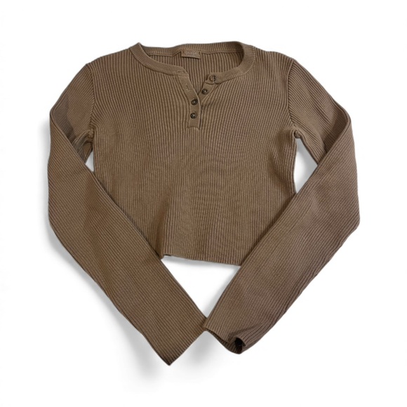 brandy melville chcolate brown ribbed quarter button down sweater - Picture 2 of 8
